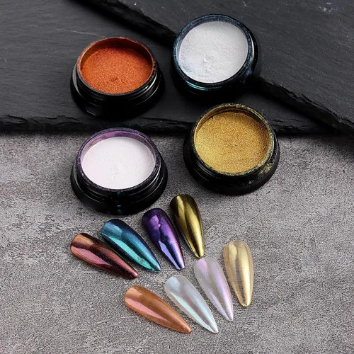 Vista 5 de Juego de polvos de uñas cromados de 16 colores, efecto espejo metálico holográfico Aurora Chameleon, pigmento con purpurina para esmalte de gel