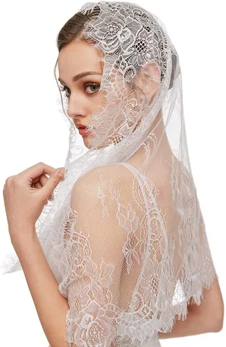 Vista 6 de Mantilla Veil Latin Mass Head Cover Spanish Style Lace Tradicional Vintage Inspirado Infinity Forma (blanco), Blanco