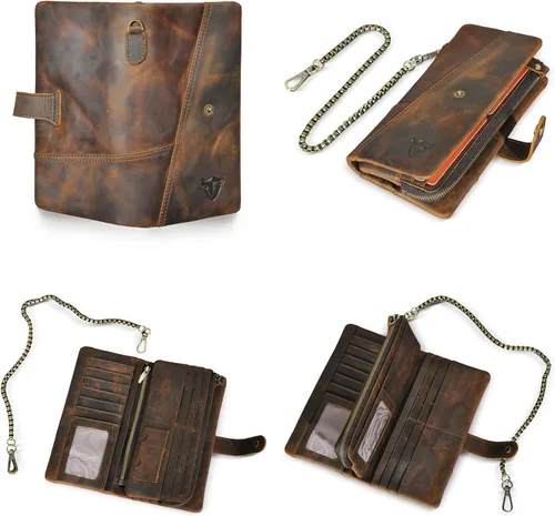 Vista 2 de Genuino Caballo Loco De Cuero De Viaje De Regalo De La Moneda De La Tarjeta De Bolsillo De La Caja Larga Organizador Cadena Rfid Monedero Con Snap