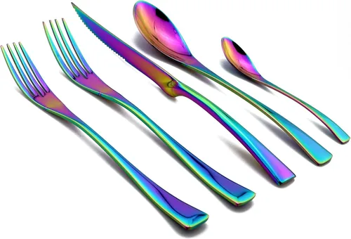 Vista 7 de Juego de cubiertos de arco iris colorido de 5 piezas, juego de cuchillos de cena de acero inoxidable 18/10, pulido de espejo, servicio para 1