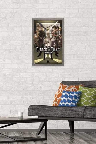 Vista 2 de Trends International Attack on Titan: Season 3 - Póster de pared de grupo, 22.4 pulgadas de largo x 14.7 pulgadas, versión enmarcada en madera