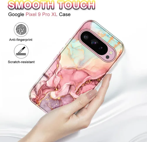 Vista 3 de Btscase Funda para Google Pixel 9 Pro XL 2024 [grado militar a prueba de golpes] elegante patrón de mármol delgado protector de 3 capas de Oro rosa