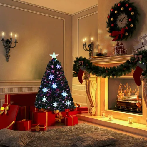 Vista 3 de Goplus Árbol de Navidad artificial de fibra óptica preiluminado de 3 pies, con luces LED multicolor y copos de nieve (3 pies)