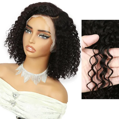 Vista 4 de Peluca de cabello humano corto y rizado con encaje frontal de 13 x 4, sin pegamento, peluca de cabello virgen brasileño rizado HD transparente