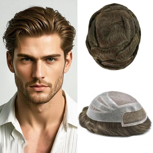 Vista 18 de Toupee - Piezas de pelo para hombres, cabello humano real, sistema de reemplazo de cabello francés, encaje francés, extensiones de cabello