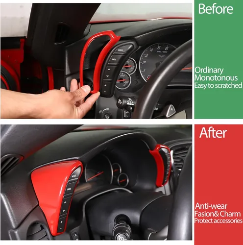 Vista 2 de Cubierta de botón de salpicadero Compatible con Chevy Corvette C6 2005-2013, marco de borde del velocímetro Cubierta de ribete de accesorios Rojo