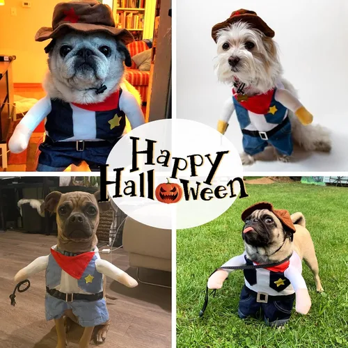 Vista 4 de NACOCO Disfraz de vaquero de Halloween para perro, ropa para mascotas, disfraces con sombrero para perro y gato, color azul (S)