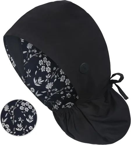 Vista 24 de QBA Gorra de trabajo ajustable con botón, gorro forrado de satén, gorro de trabajo de algodón, banda elástica para atar en la espalda, unisex