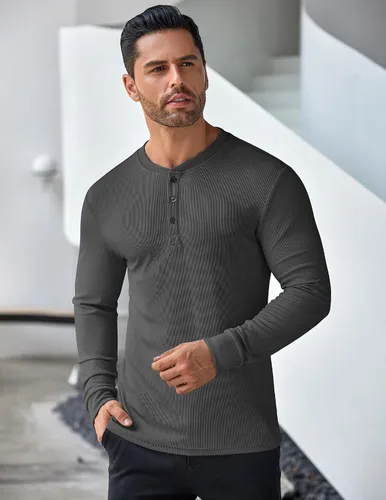 Vista 38 de COOFANDY Camisas Henley de manga larga para hombre, camisetas elásticas acanaladas, camisetas básicas casuales de moda