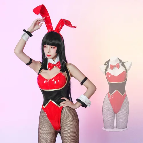 Vista 4 de FCCAM - Disfraz de conejo rojo para adultos, Yumeko Jabami, traje de conejito con orejas de conejo