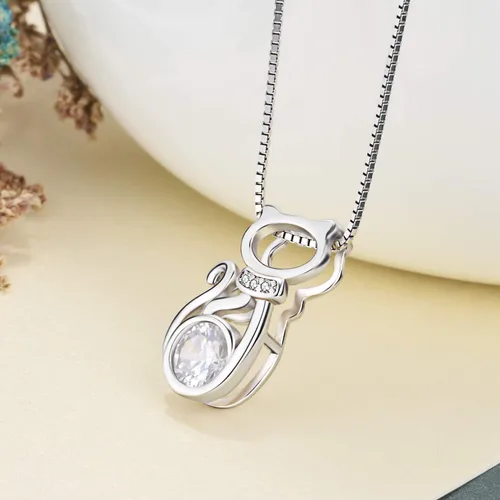 Vista 6 de AOBOCO Collar con colgante de gato de plata de ley con cristal de piedra natal, delicados regalos de joyería para los amantes de los gatos