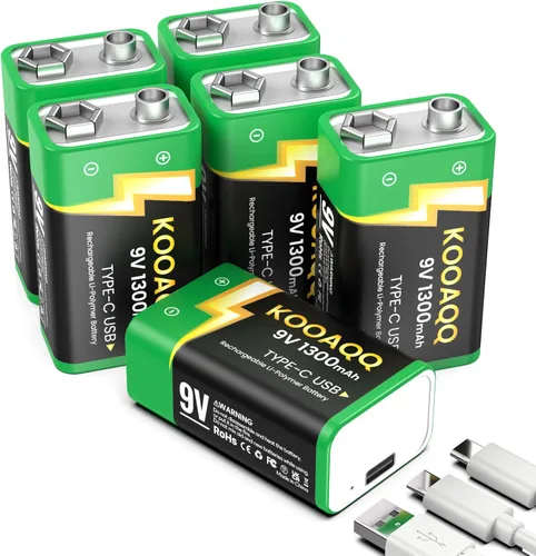 Vista 10 de Paquete de 1 baterías recargables de 9 V, recarga USB-C de 1300 mAh, 9 voltios de iones de litio de larga duración para alarmas, micrófonos