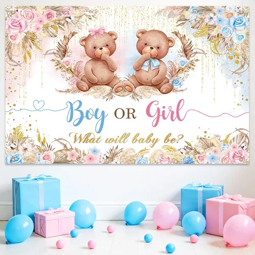Vista 5 de AIBIIN Pancarta de revelación de género de oso bohemio, telón de fondo para niño o niña, para baby shower, suministros de decoración de fiesta