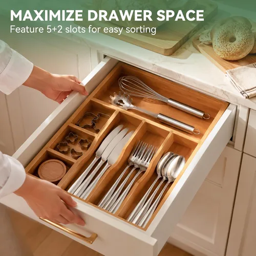 Vista 6 de Teak Silverware Organizer For Drawer, Flatware Silverware Storage Tray