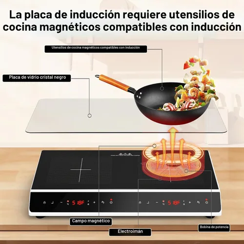 Vista 7 de GIHETKUT Placa de cocción de doble inducción, 4000 W, 2 quemadores, placa de inducción con pantalla táctil LED, 10 niveles de ajustes con bloqueo