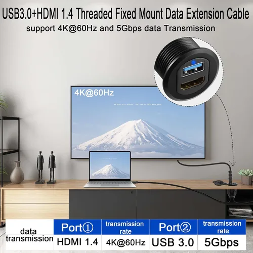 Vista 3 de QIANRENON USB3.0 y HDMI - Cable impermeable para automóvil, USB3.0+HDMI 1.4 roscado, cable de extensión de datos de montaje fijo, luz LED, carcasa