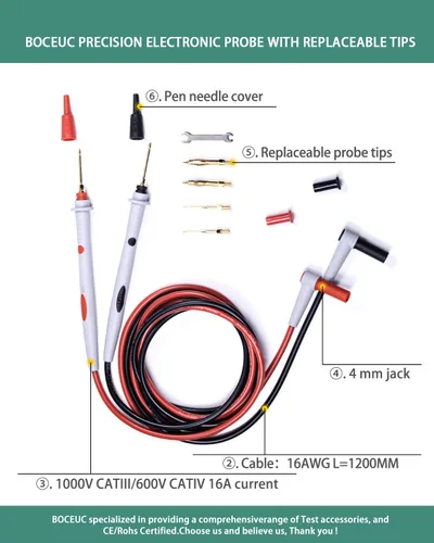 Vista 3 de Cables de prueba eléctricos Cable de silicona suave sonda de prueba multímetro con sondas de multímetro chapadas en oro reemplazables 1000V CATIII