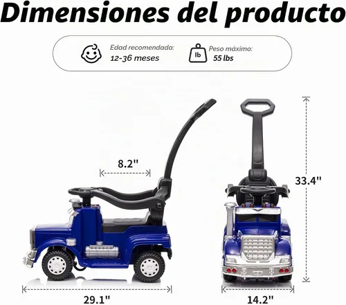 Vista 8 de Outfunny Coche de empuje 3 en 1 para niños pequeños de 1 a 3 años con mango y música Azul