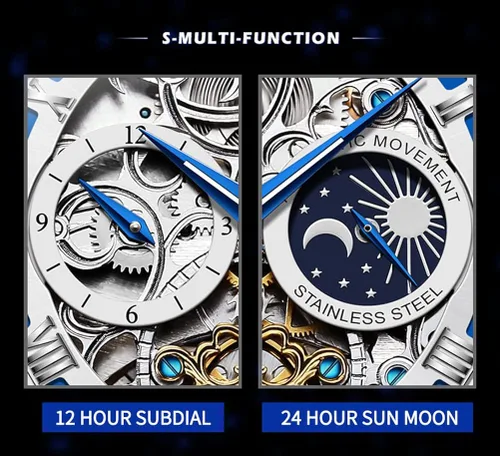 Vista 4 de OLEVS Relojes automáticos para hombre, esqueleto Tourbillon, cuerda automática, mecánica, correa de cuero auténtico, reloj de pulsera de lujo, sol