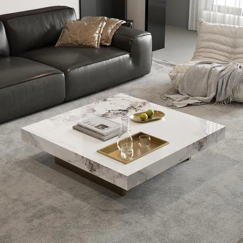 Vista 8 de Mesa de centro cuadrada de 43.3 pulgadas para sala de estar, moderna mesa de centro de piedra sinterizada gris con base de acero al carbono negro