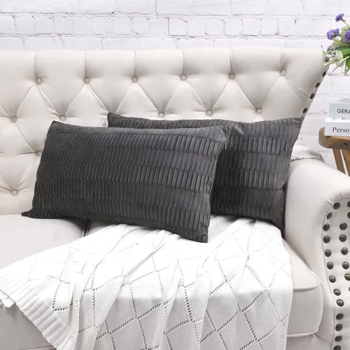 Vista 29 de Juego de 2 fundas de almohada decorativas de terciopelo a rayas plisadas de 14 x 26 pulgadas, funda de cojín rectangular suave y elegante para sofá