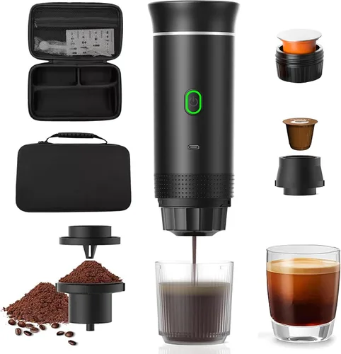 Vista 2 de Cafetera espresso portátil para viajes con estuche – Cafetera de viaje autocalentable con USB-C, compatible con café molido, cápsulas NES y DG