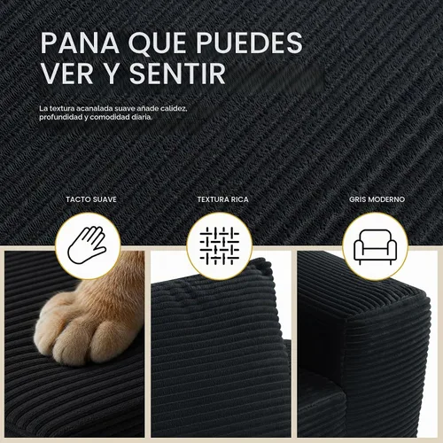 Vista 4 de Sofá seccional negro de 96.9 pulgadas, sofá modular de pana sin hueso con resortes y espuma de alta resistencia, asiento profundo compacto de gran