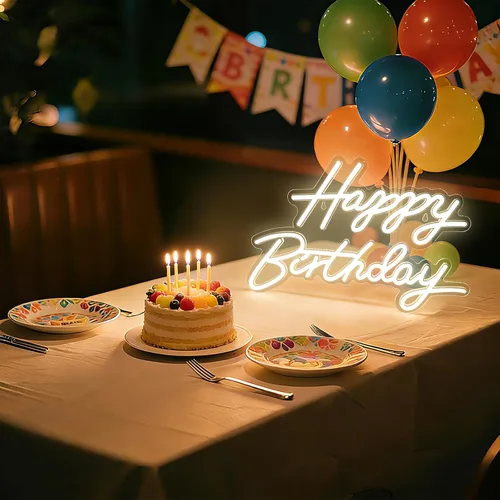 Vista 6 de Letrero de neón de feliz cumpleaños para decoración de pared, luz LED de neón regulable para decoración de pared, letreros LED de feliz cumpleaños