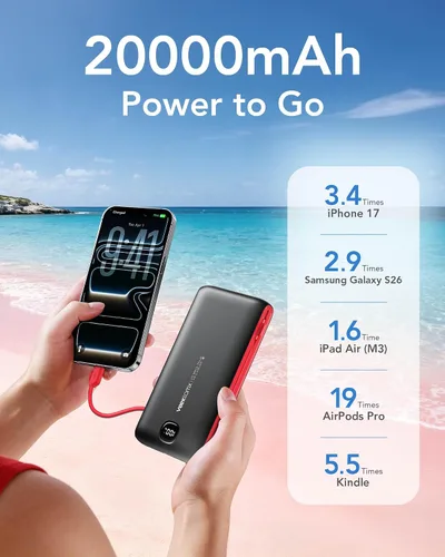 Vista 4 de VEEKTOMX Cargador portátil con cables integrados de 20000 mAh, banco de energía para iPhone con enchufe de pared de CA, batería delgada USB C
