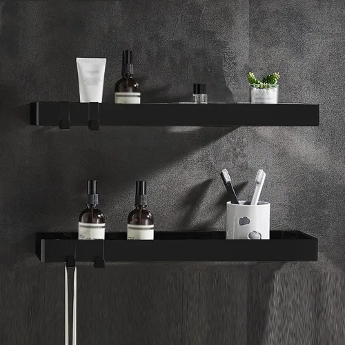 Vista 15 de Wallmounted Bathroom Shelf Floating Organizer with Hooks for Toiletries & Cosmetics 2Tier Black Rectangular Storage Rack for Shower & Kitchen
