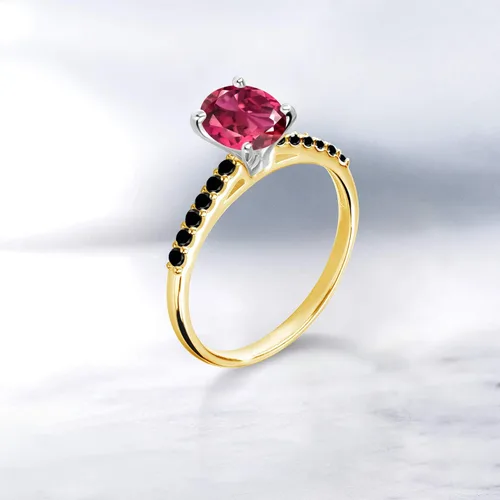 Vista 4 de Gem Stone King 058 Ct Pink Tourmaline AAA Black Diamond Anillo de oro amarillo de 10 K con puntas de oro blanco