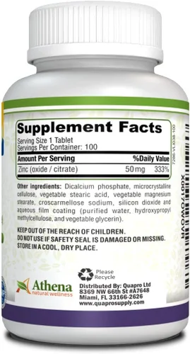 Vista 2 de Athena - Suplemento de zinc comprimidos 50mg - Óxido/Citrato - 100 comprimidos recubiertos