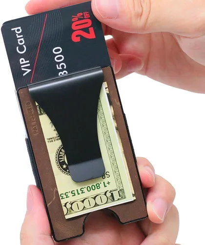 Vista 5 de Storus Billetera inteligente de piel, delgada, minimalista, con bloqueo RFID, clip para dinero, para hombres, regalo, padrinos de boda, graduación
