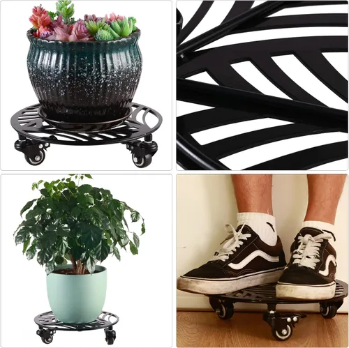 Vista 7 de 1 paquete de 30 cm de gran organizador de plantas de metal con 3 ruedas de PU metálicas, soporte rodante para plantas con ruedas para interiores