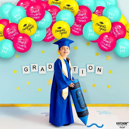 Vista 7 de KatchOn, Juego de globos de graduación azules, amarillos y rosados, 12 pulgadas, paquete de 75 Globos de graduación de felicitaciones, globo Yay