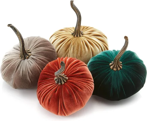 Vista 31 de Juego de 4 pequeñas calabazas de franela de terciopelo y algodón, decoración a cuadros de búfalo blanco y negro, estantes de calabaza negra