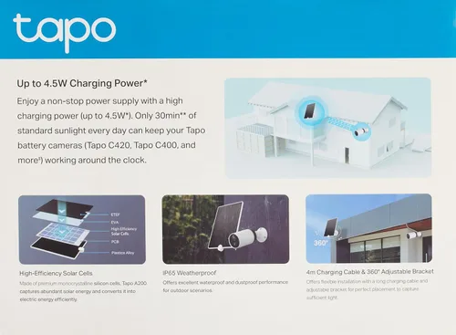 Vista 2 de Tapo Panel solar A200, (compatible con MagCam C425, C420 y C400), potencia de carga de larga duración con células solares de alta eficiencia, IP65