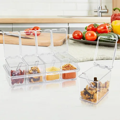Vista 6 de Caja de condimentos transparente, 8 piezas de condimentos para especias, contenedor de almacenamiento de plástico, tarros de condimentos con tapas