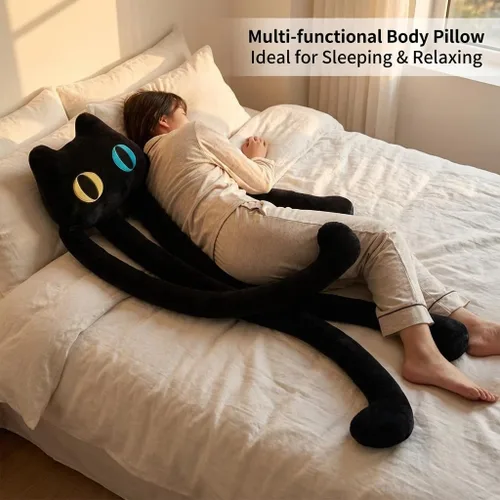 Vista 3 de vitegaw Almohada larga de felpa con diseño de gato negro de 39 pulgadas, lindos animales de peluche Kawaii suaves, juguetes de peluche grandes