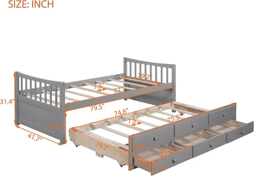 Vista 2 de SOFTSEA Marco de sofá cama nido de madera con cajones, cama de día individual, sofá cama para sala de estar, dormitorio, gris
