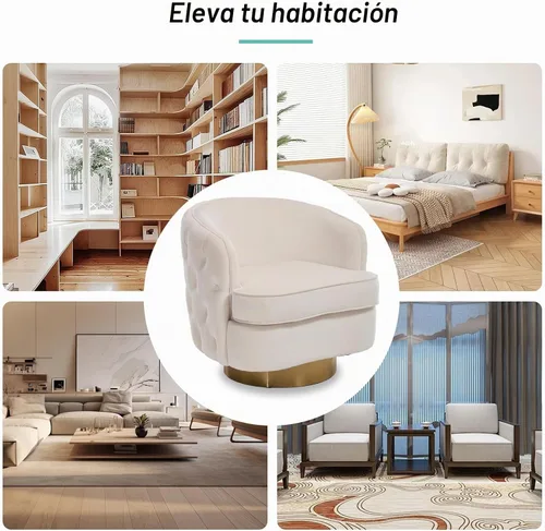Vista 8 de Hyfirm Silla de Acento Moderna, Sillón Giratorio Tipo Barril para Sala de Estar, Sillas Cómodas de Terciopelo con Botones Capitoné, Sofá Individual
