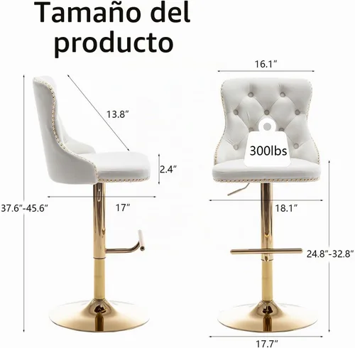 Vista 2 de Cinxzar Juego de 2 taburetes de bar de terciopelo dorado, taburetes de bar giratorios de altura de mostrador con ribete de cabezas de clavos y Beige