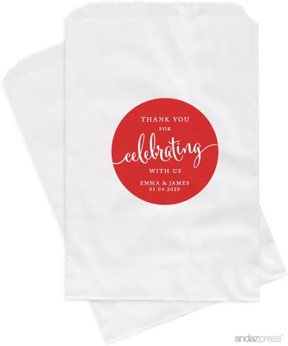 Vista 6 de Andaz Press Bolsas de regalo personalizadas para mesa de postre, agradecimiento por celebrar con nosotros, aguamarina, paquete de 24, personalizadas