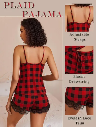 Vista 4 de Avidlove Conjunto de pijama para mujer con ribete de encaje, conjunto de pijama modal con cuello en V, sin mangas, ropa de dormir con cordón