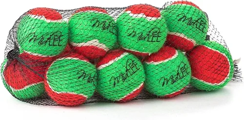 Vista 4 de Midlee Pelotas de tenis de Navidad para perros de 1.5 pulgadas, color rojo y verde, paquete de 12 Regalo de regalo con colores festivos chirriantes