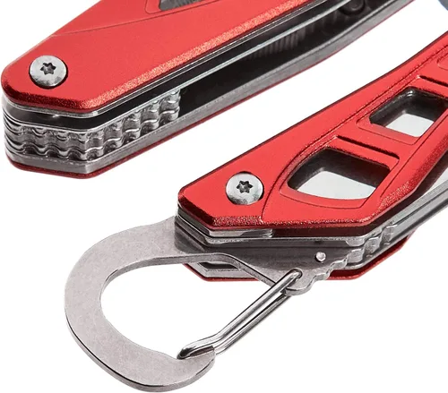 Vista 4 de Amazon Basics Multiherramienta de acero inoxidable 8 en 1 con seguro de bloqueo y funda de nailon, rojo