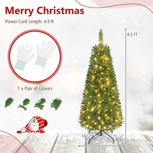 Vista 7 de Goplus Árbol de Navidad de Lápiz Preiluminado de 4.5 pies, Abeto con Bisagras de Alta Calidad, con Luces LED Blancas Cálidas y Soporte de Metal Verde