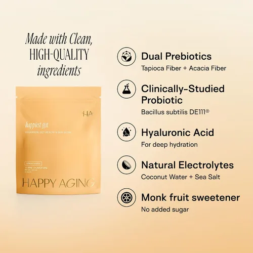 Vista 4 de Happy Aging Happiest - Polvo de hidratación intestinal - electrolitos + probióticos + prebióticos duales + ácido hialurónico - Equilibrio