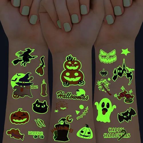 Vista 2 de 124 tatuajes temporales que brillan en la oscuridad para niños que no se repiten, brillan en la oscuridad, tatuajes falsos para niños y niñas