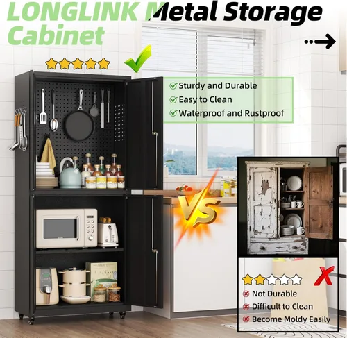Vista 6 de Metal Garage Cabinet with 4 Wheels,4 Door Black Metal Storage with Lock,71" H Tool Storage Cabinets with Adjustable Shelves for Utility Negro
